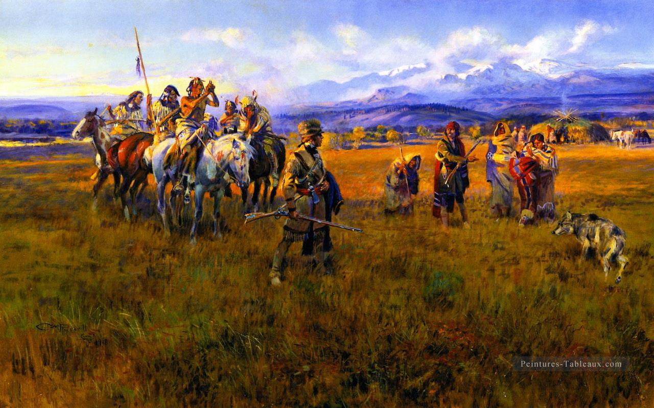 lewis et clark atteindre le camp de Shoshone dirigé par Sacajawea la femme oiseau 1918 Charles Marion Russell Peintures à l'huile